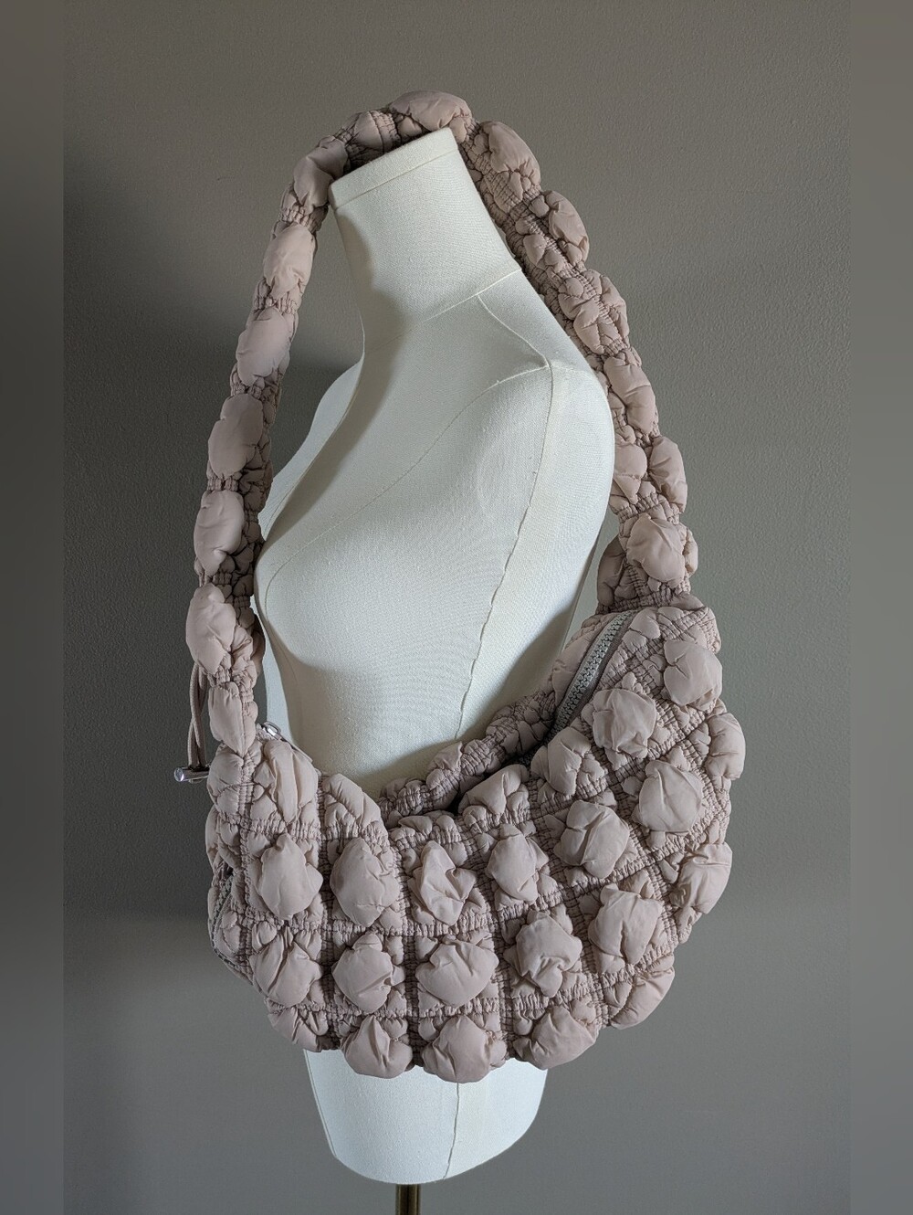 Quilted Puffer Shoulder Tote Bag Gray Cream Large